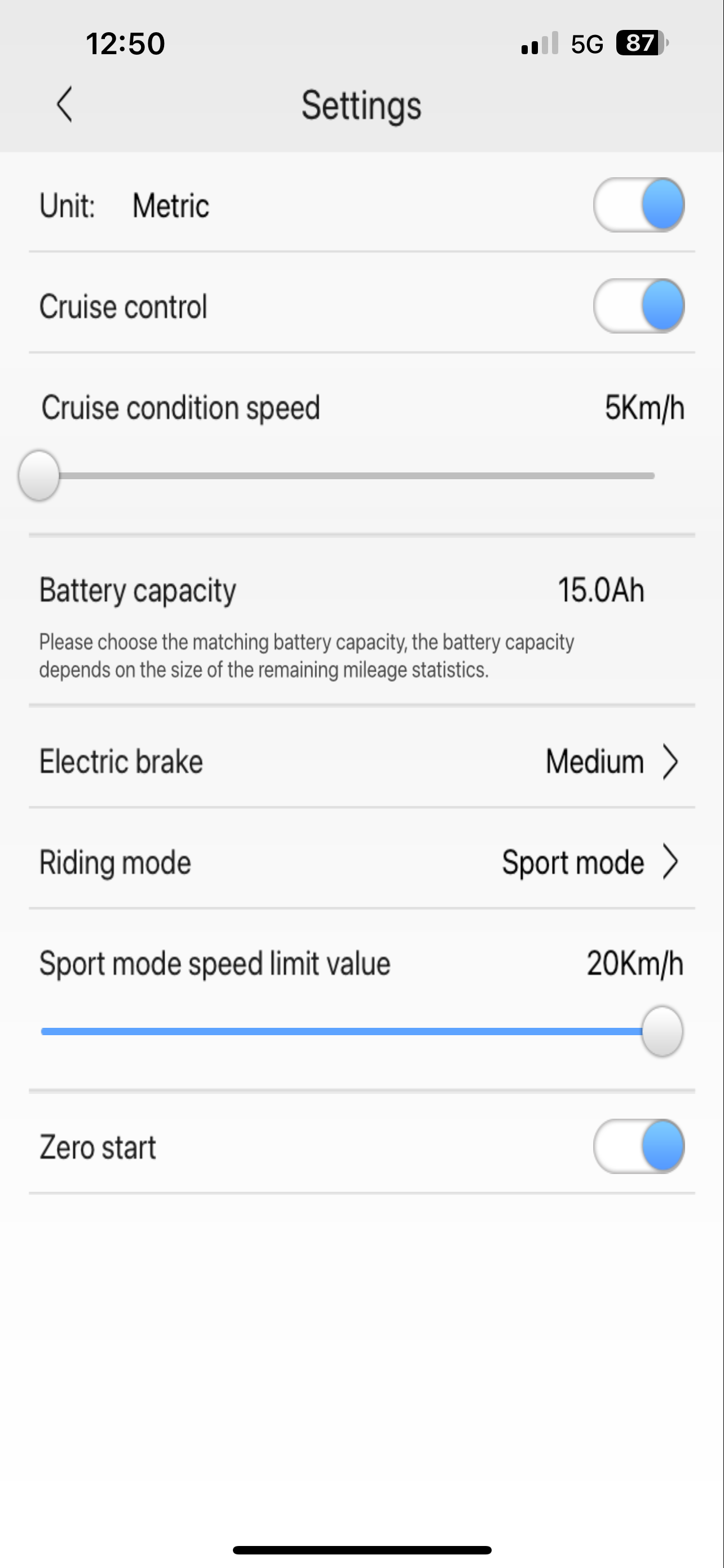 E-Wheels app &ndash; innstillinger