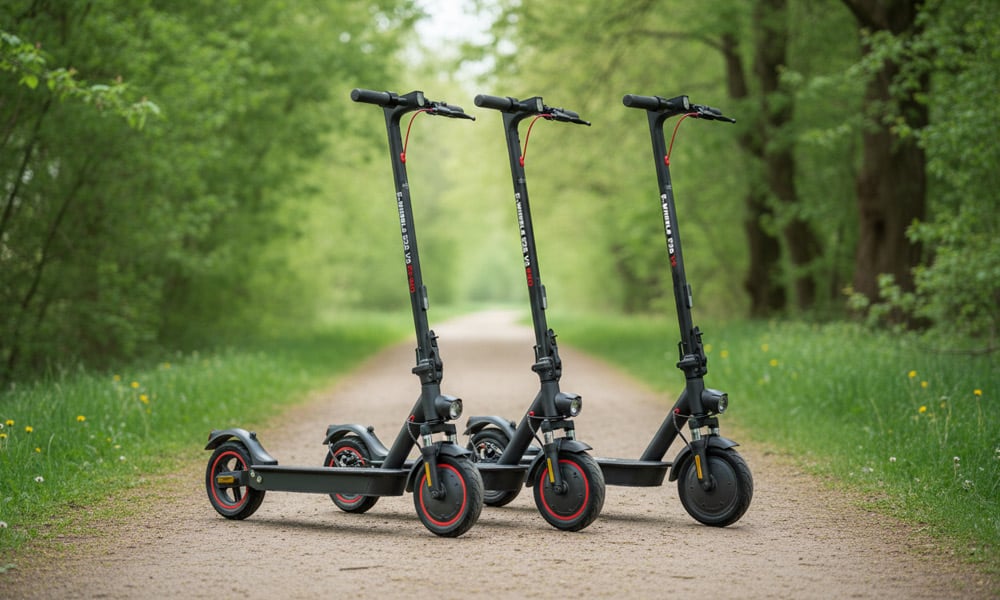 Tre elsparkesykler. Bildet er tatt utend&oslash;rs med naturen i bakgrunn.