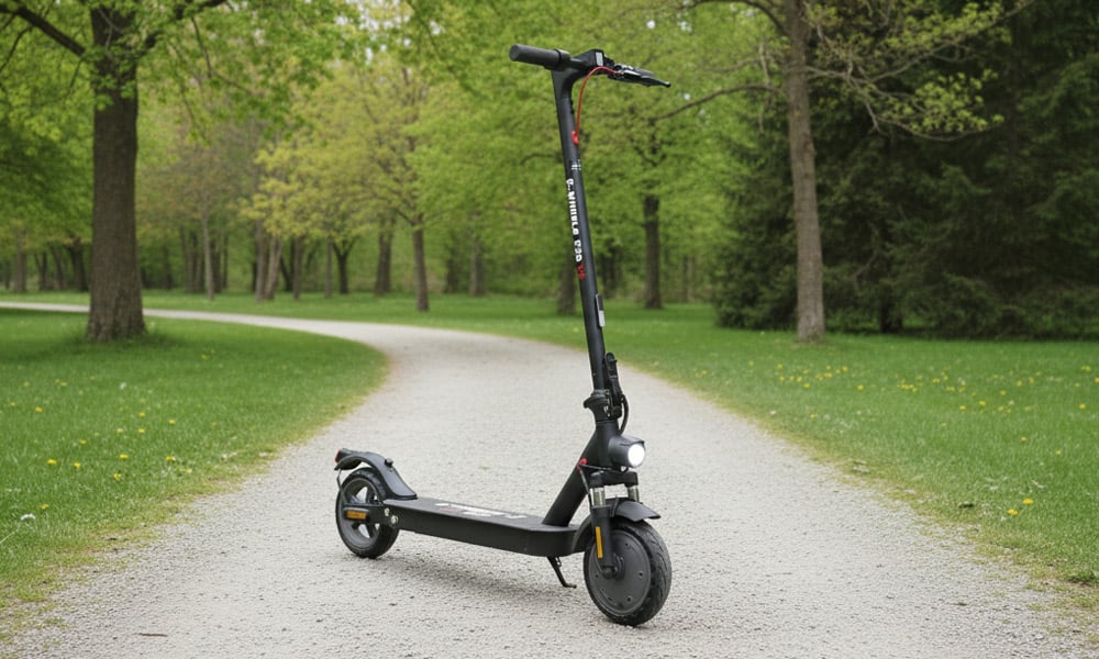 El-sparkesykkel fra E-Wheels. E2S V3. Bildet er tatt utend&oslash;rs i en park.