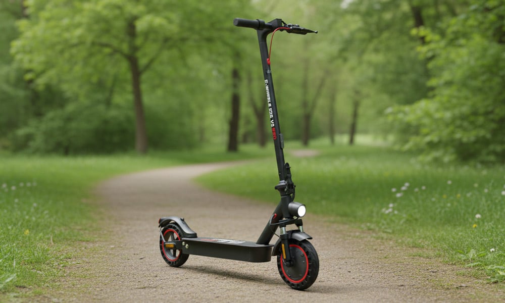 El-sparkesykkel fra E-Wheels. E2S V3 PRO. Bildet er tatt utend&oslash;rs i en park.